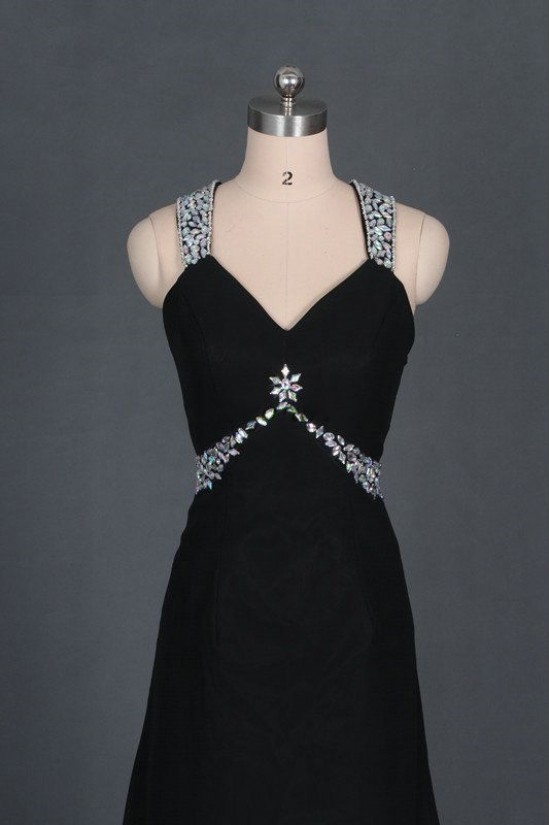 A-Line V-Neck Beaded Long Black Chiffon Prom Evening Formal Dresses ED011124