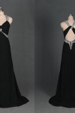 A-Line V-Neck Beaded Long Black Chiffon Prom Evening Formal Dresses ED011124