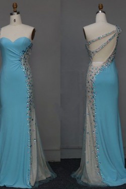 Sheath One-Shoulder Beaded Long Blue Chiffon Prom Evening Formal Dresses ED011125