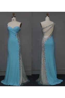 Sheath One-Shoulder Beaded Long Blue Chiffon Prom Evening Formal Dresses ED011125