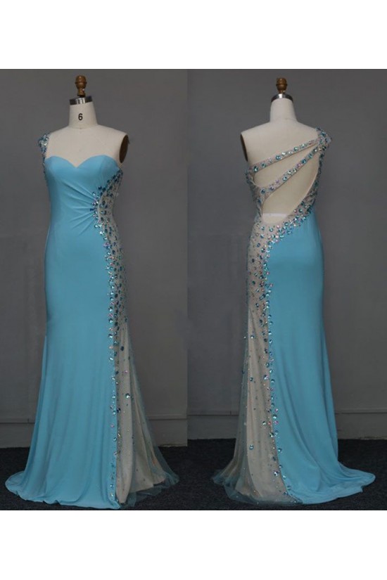 Sheath One-Shoulder Beaded Long Blue Chiffon Prom Evening Formal Dresses ED011125