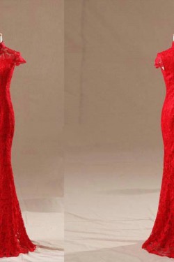 Trumpet/Mermaid High-Neck Long Red Lace Prom Evening Formal Dresses ED011130