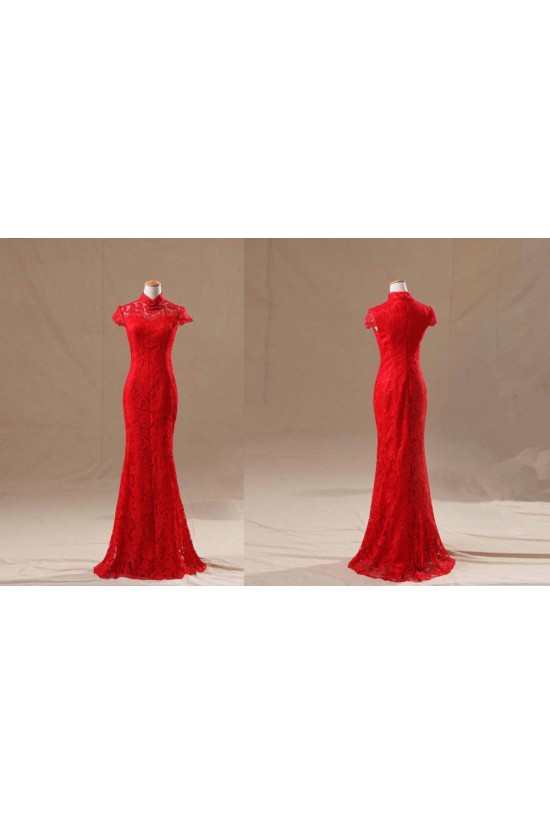 Trumpet/Mermaid High-Neck Long Red Lace Prom Evening Formal Dresses ED011130