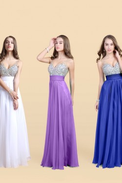 A-Line Straps Sleeveless Beaded Long Chiffon Prom Evening Formal Dresses ED011134