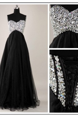 A-Line Sweetheart Beaded Long Black Chiffon Prom Evening Formal Dresses ED011138