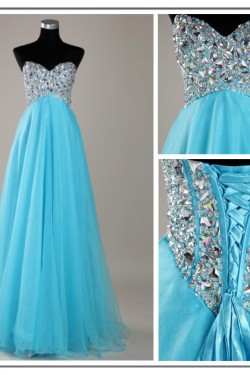 A-Line Sweetheart Beaded Long Blue Chiffon Prom Evening Formal Dresses ED011139