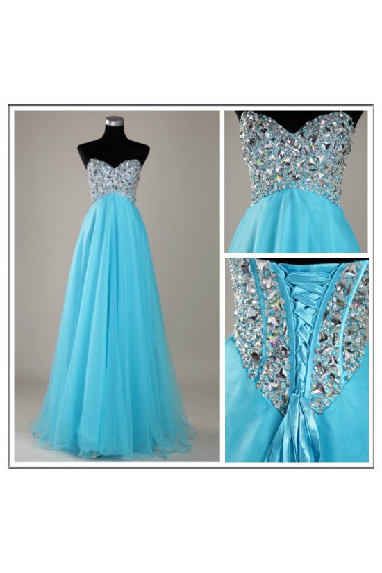 A-Line Sweetheart Beaded Long Blue Chiffon Prom Evening Formal Dresses ED011139