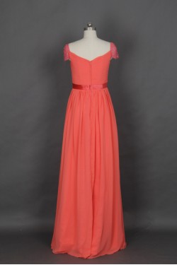 A-Line Cap-Sleeve Beaded Long Chiffon Prom Evening Formal Dresses ED011142