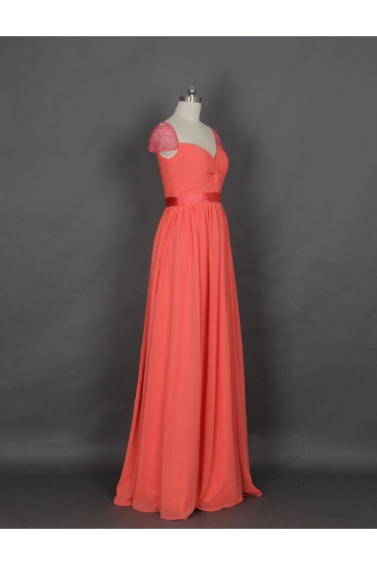 A-Line Cap-Sleeve Beaded Long Chiffon Prom Evening Formal Dresses ED011142
