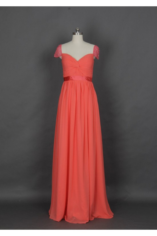 A-Line Cap-Sleeve Beaded Long Chiffon Prom Evening Formal Dresses ED011142