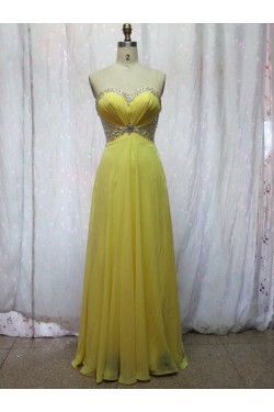 A-Line Sweetheart Beaded Long Yellow Chiffon Prom Evening Formal Dresses ED011147