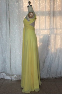 A-Line One-Shoulder Beaded Long Yellow Chiffon Prom Evening Formal Dresses ED011150