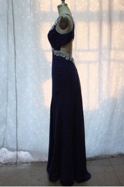 Sheath Beaded Long Blue Chiffon Prom Evening Formal Dresses ED011151