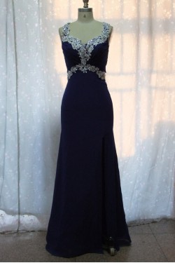 Sheath Beaded Long Blue Chiffon Prom Evening Formal Dresses ED011151