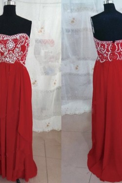 A-Line Strapless Beaded Long Red Chiffon Prom Evening Formal Dresses ED011155