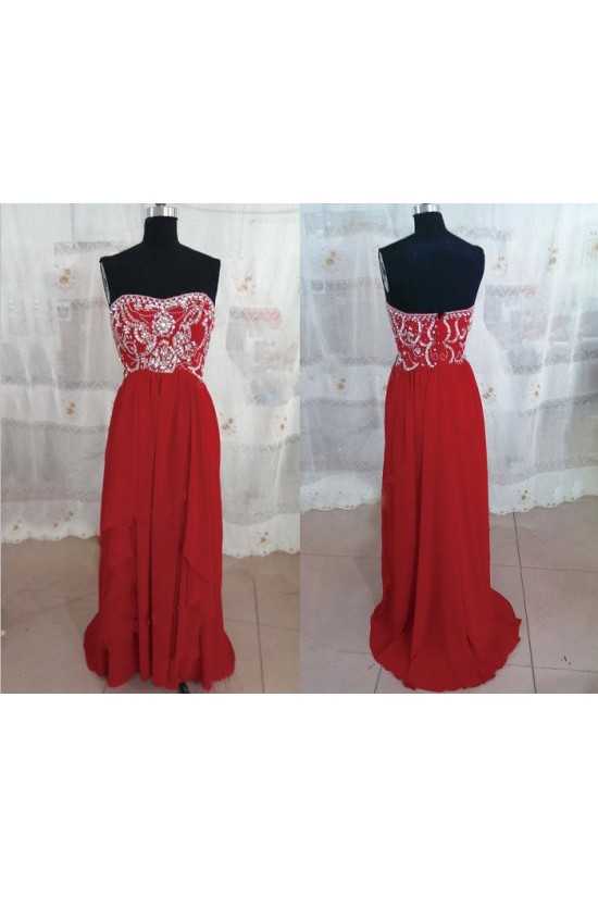 A-Line Strapless Beaded Long Red Chiffon Prom Evening Formal Dresses ED011155