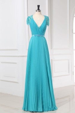 A-Line V-Neck Cap-Sleeve Beaded Long Lace and Chiffon Prom Evening Formal Dresses ED011158