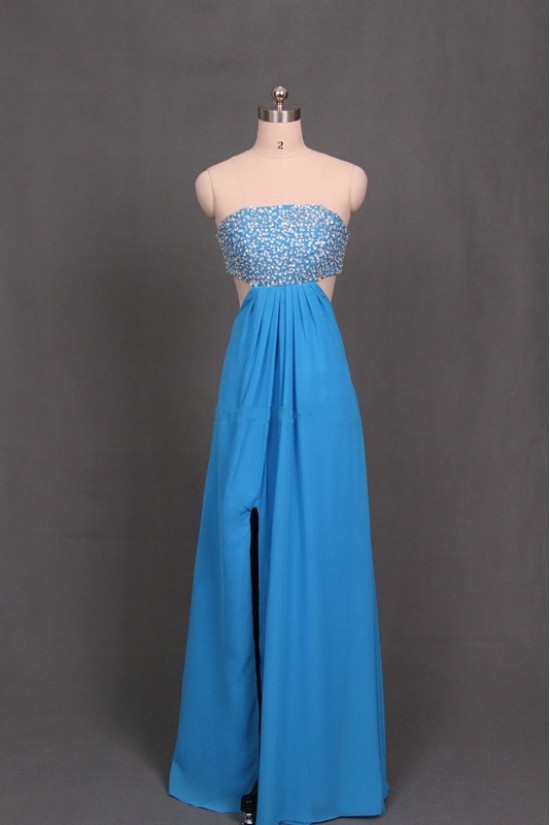 A-Line Sweetheart Beaded Long Blue Chiffon Prom Evening Formal Dresses ED011159