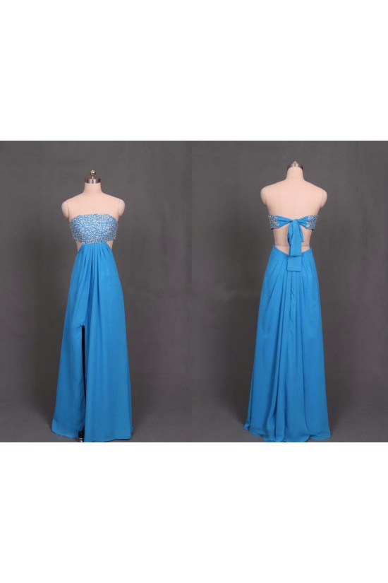 A-Line Sweetheart Beaded Long Blue Chiffon Prom Evening Formal Dresses ED011159