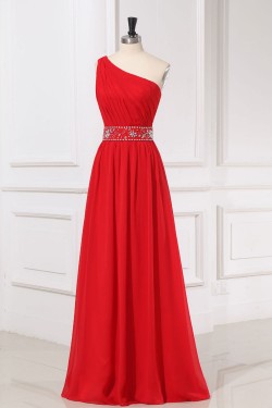 A-Line One-Shoulder Beaded Long Red Chiffon Prom Evening Formal Dresses ED011160