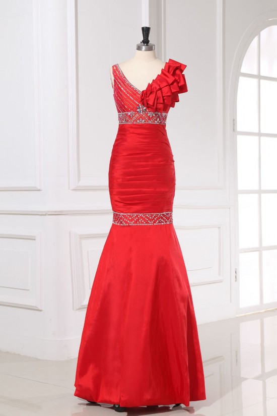 Trumpet/Mermaid One-Shoulder Beaded Long Red Prom Evening Formal Dresses ED011161
