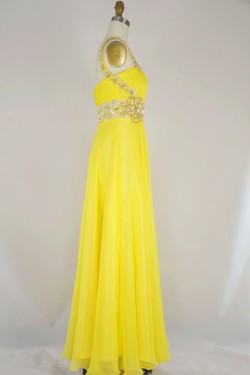 A-Line One-Shoulder Beaded Long Yellow Chiffon Prom Evening Formal Dresses ED011165
