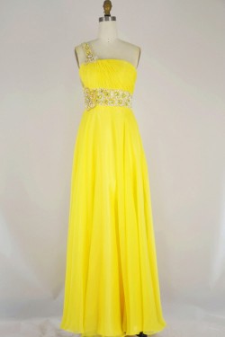 A-Line One-Shoulder Beaded Long Yellow Chiffon Prom Evening Formal Dresses ED011165