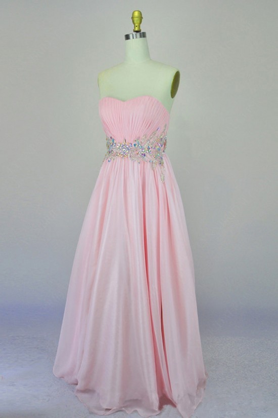 A-Line Sweetheart Beaded Long Pink Chiffon Prom Evening Formal Dresses ED011166