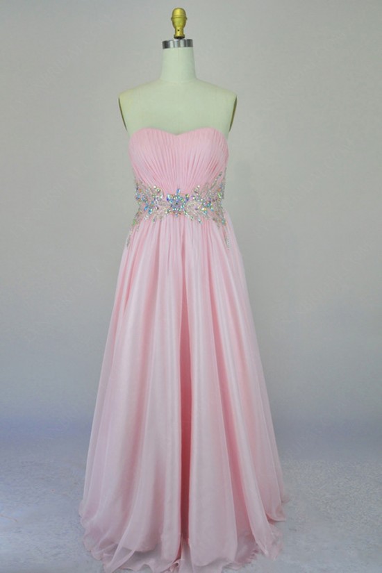 A-Line Sweetheart Beaded Long Pink Chiffon Prom Evening Formal Dresses ED011166