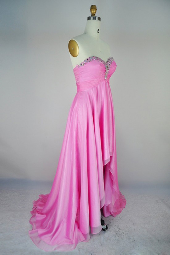 High Low Sweetheart Beaded Pink Chiffon Prom Evening Formal Dresses ED011167