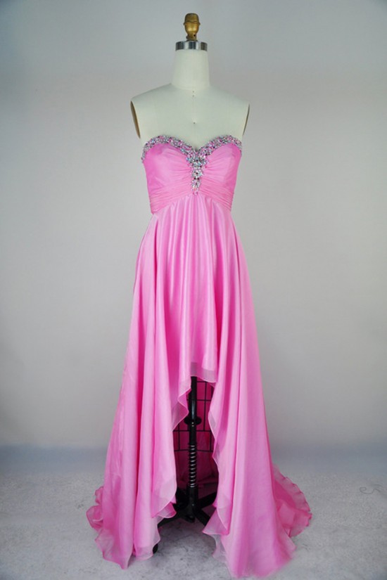 High Low Sweetheart Beaded Pink Chiffon Prom Evening Formal Dresses ED011167