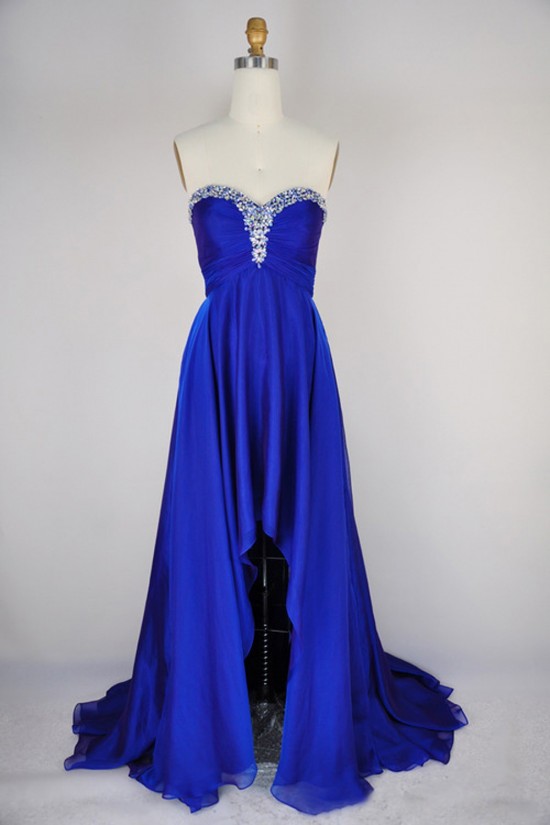 High Low Sweetheart Beaded Blue Chiffon Prom Evening Formal Dresses ED011168