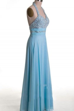 A-Line Halter Beaded Long Blue Chiffon Prom Evening Formal Dresses ED011170