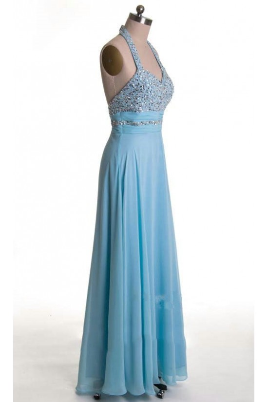 A-Line Halter Beaded Long Blue Chiffon Prom Evening Formal Dresses ED011170