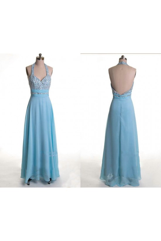 A-Line Halter Beaded Long Blue Chiffon Prom Evening Formal Dresses ED011170