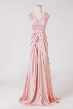 Sheath/Column V-Neck Beaded Long Pink Chiffon Prom Evening Formal Dresses ED011175