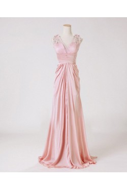 Sheath/Column V-Neck Beaded Long Pink Chiffon Prom Evening Formal Dresses ED011175