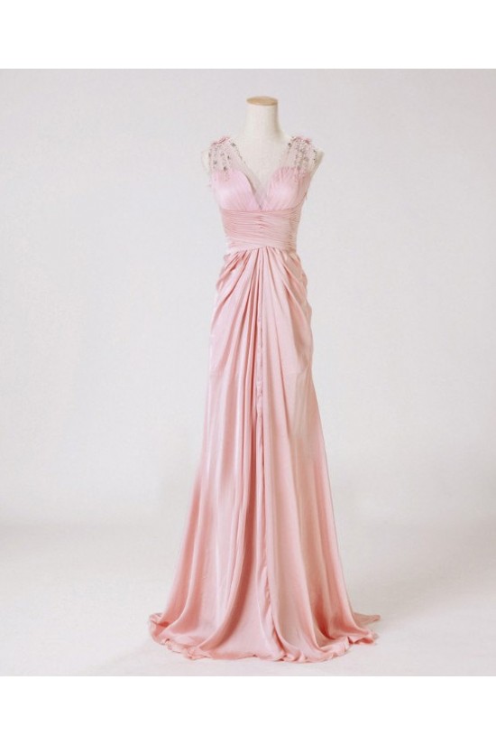 Sheath/Column V-Neck Beaded Long Pink Chiffon Prom Evening Formal Dresses ED011175