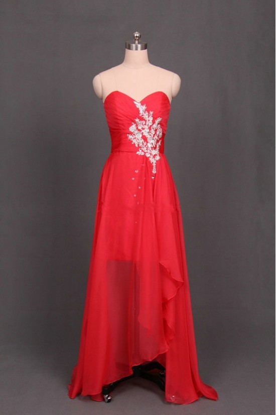 A-Line Sweetheart Beaded Long Red Chiffon Prom Evening Formal Dresses ED011178