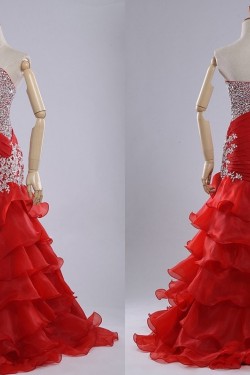 Trumpet/Mermaid Sweetheart Beaded Ruffle Long Red Organza Prom Evening Formal Dresses ED011179