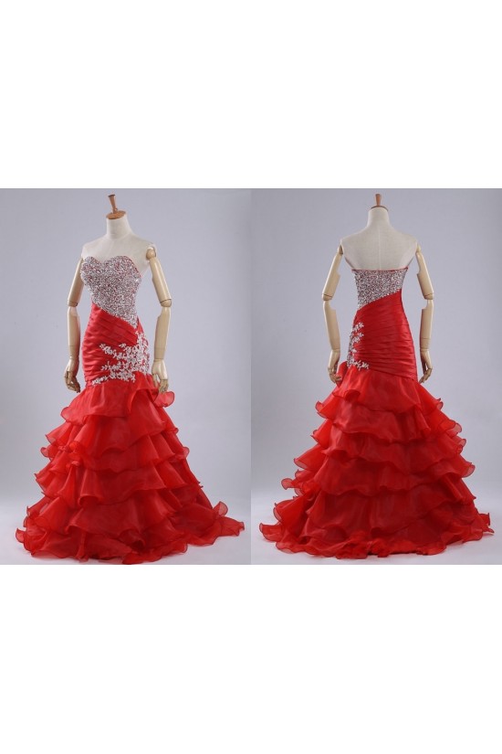 Trumpet/Mermaid Sweetheart Beaded Ruffle Long Red Organza Prom Evening Formal Dresses ED011179