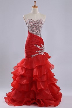 Trumpet/Mermaid Sweetheart Beaded Ruffle Long Red Organza Prom Evening Formal Dresses ED011179