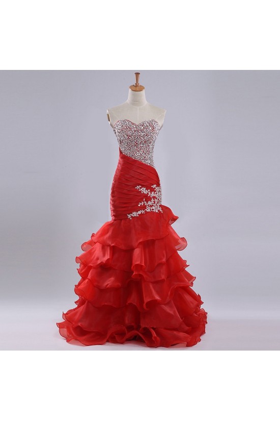 Trumpet/Mermaid Sweetheart Beaded Ruffle Long Red Organza Prom Evening Formal Dresses ED011179