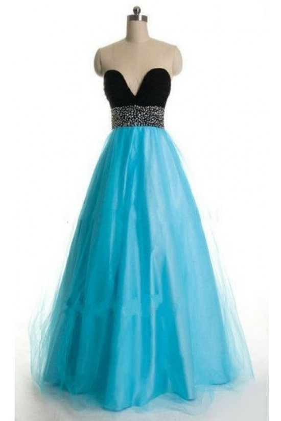 A-Line Sweetheart Beaded Black Blue Floor Length Prom Evening Formal Dresses ED011180