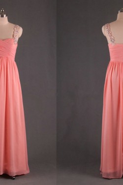A-Line Straps Sleeveless Beaded Long Pink Chiffon Prom Evening Formal Dresses ED011187