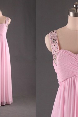 A-Line Straps Sleeveless Beaded Long Pink Chiffon Prom Evening Formal Dresses ED011187