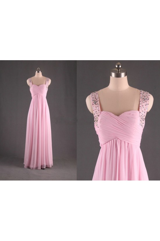 A-Line Straps Sleeveless Beaded Long Pink Chiffon Prom Evening Formal Dresses ED011187