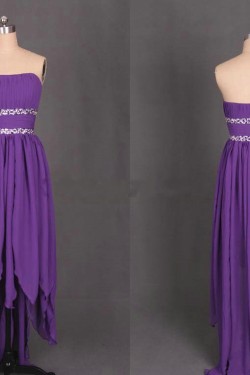 High Low Strapless Beaded Purple Chiffon Prom Evening Formal Dresses ED011188