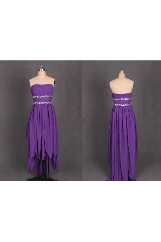 High Low Strapless Beaded Purple Chiffon Prom Evening Formal Dresses ED011188