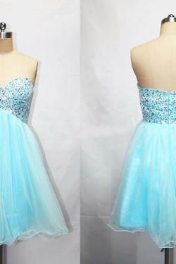 A-Line Sweetheart Beaded Short Blue Tulle Prom Evening Cocktail Dresses ED011189